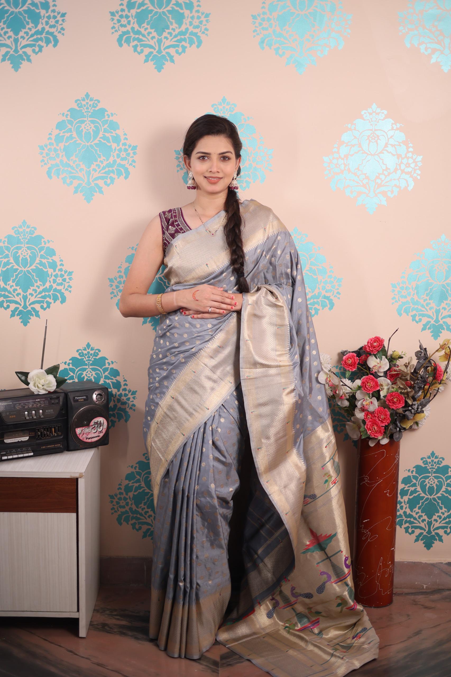soft Silk With gold jari all over butti paithani pallu