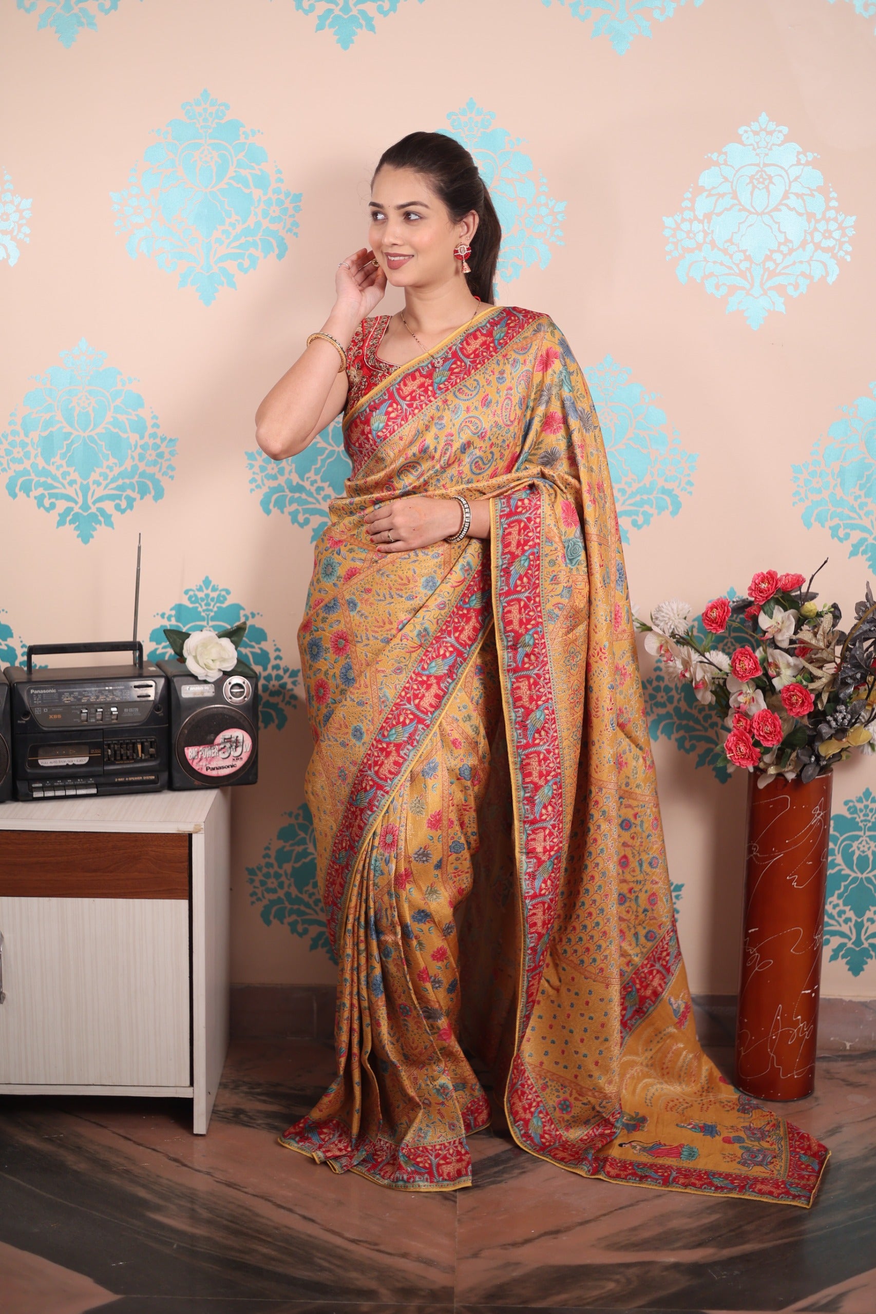 Pure viscos silk position pashmina saree with Pure Jari weaving work with blouse piece