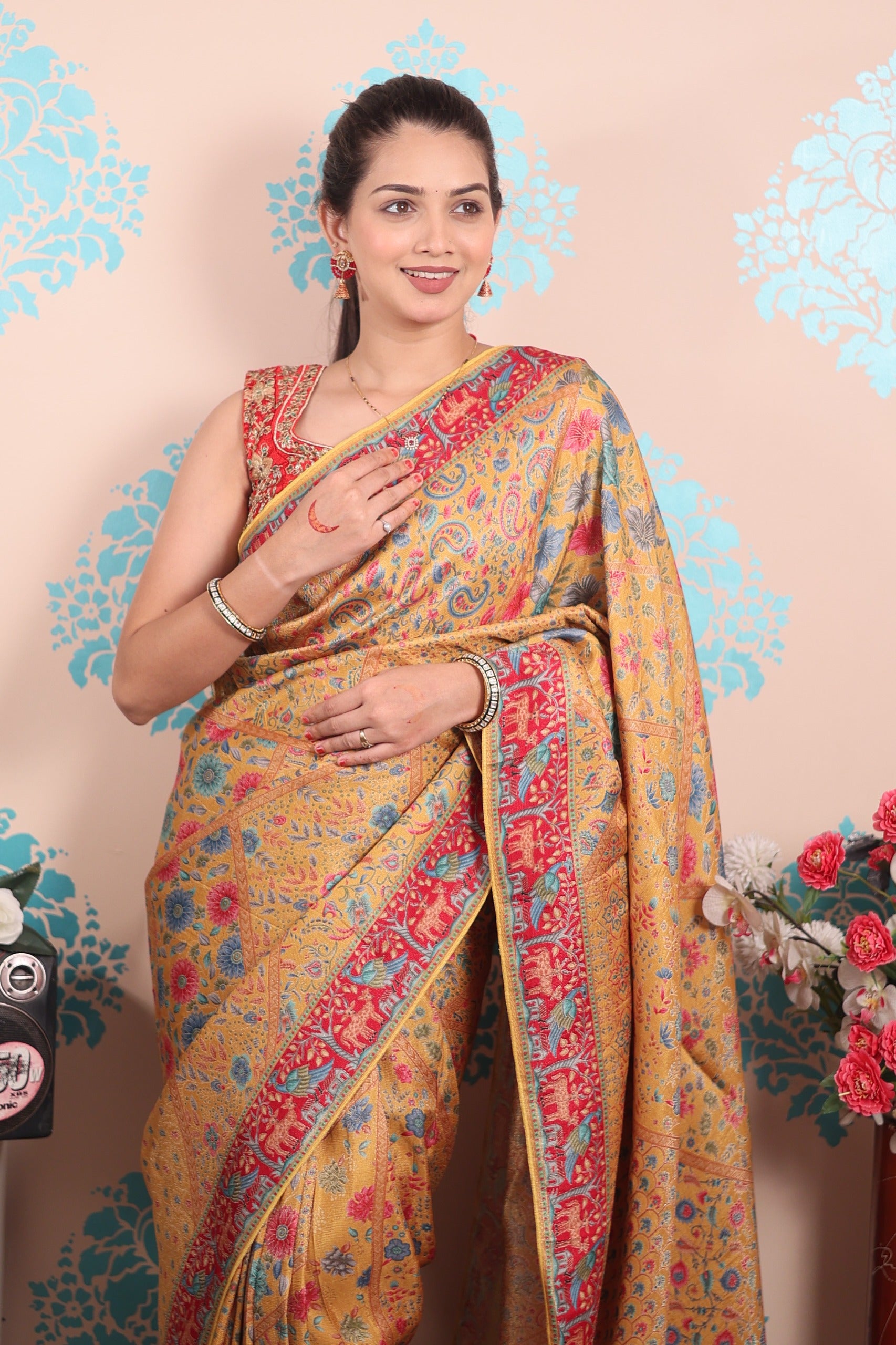 Pure viscos silk position pashmina saree with Pure Jari weaving work with blouse piece