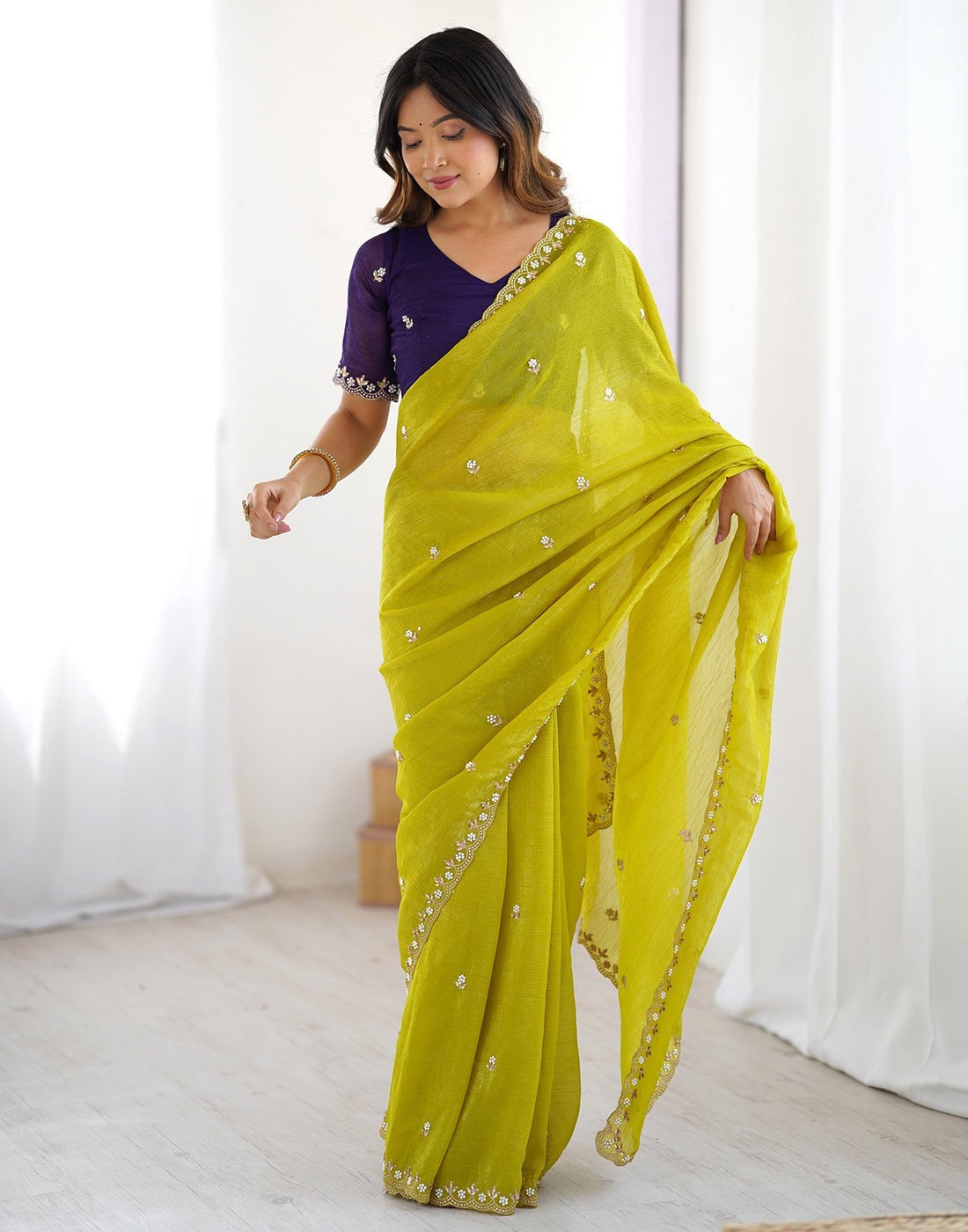 Crunchy Cloth With Heavy Multi Embroidery Stitch Cut Work Border And Fancy White Stone