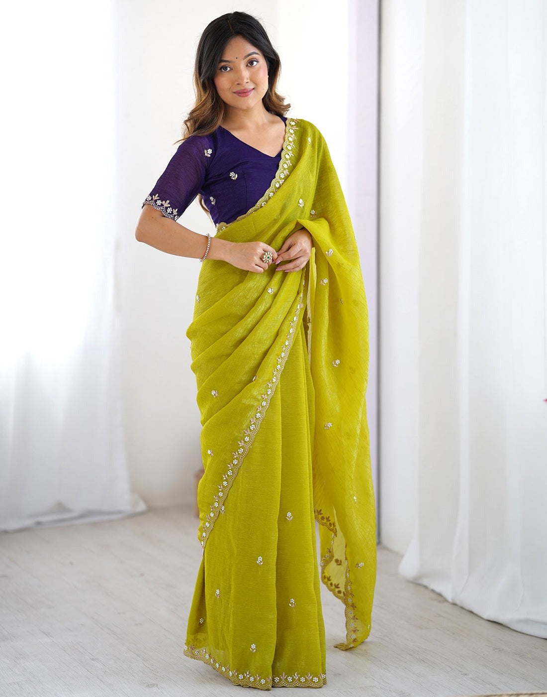 Crunchy Cloth With Heavy Multi Embroidery Stitch Cut Work Border And Fancy White Stone