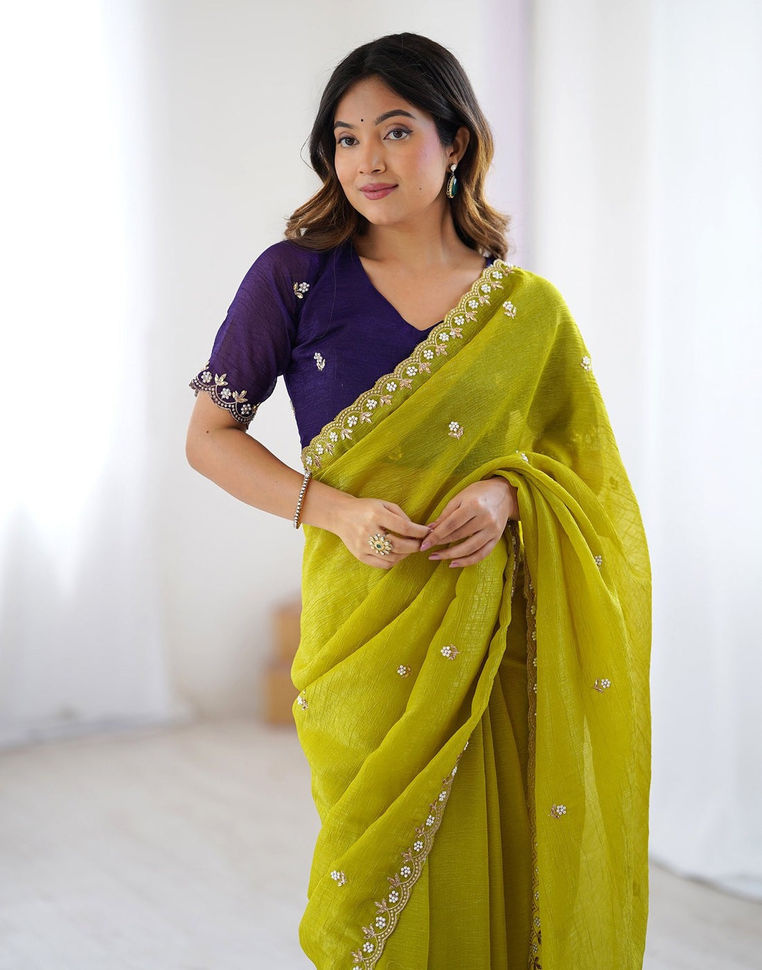 Crunchy Cloth With Heavy Multi Embroidery Stitch Cut Work Border And Fancy White Stone