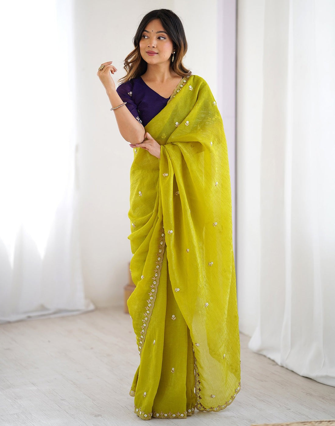 Crunchy Cloth With Heavy Multi Embroidery Stitch Cut Work Border And Fancy White Stone