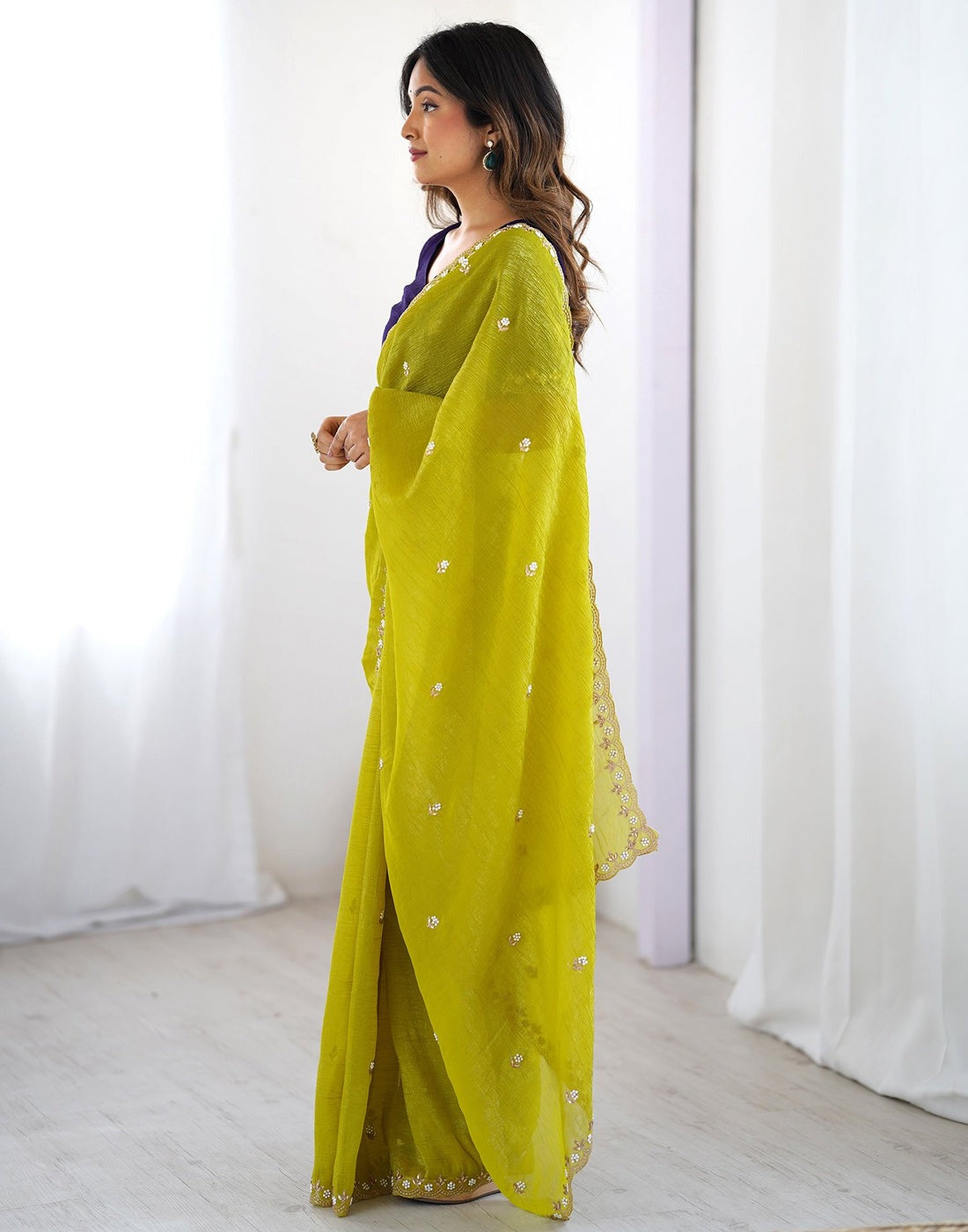 Crunchy Cloth With Heavy Multi Embroidery Stitch Cut Work Border And Fancy White Stone