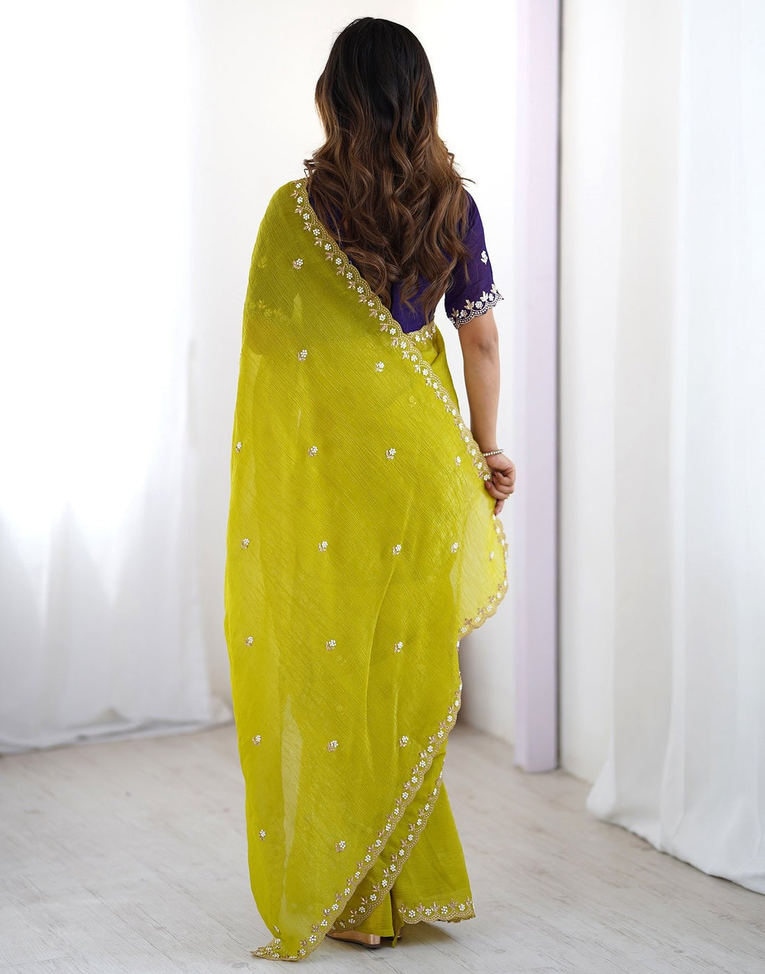 Crunchy Cloth With Heavy Multi Embroidery Stitch Cut Work Border And Fancy White Stone